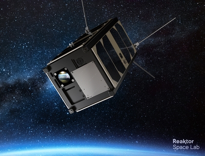 3D render of the Reaktor Hello World satellite hosting the first ever miniature infrared hyperspectral imager for satellites. The satellite is only 10 × 20 cm.