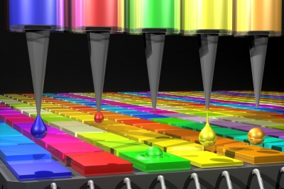 In this illustration, the Quantum Dot (QD) spectrometer device is printing QD filters—a key fabrication step. Other spectrometer approaches have complicated systems in order to create the optical structures needed. Here in the QD spectrometer approach, the optical structure, QD filters, are generated by printing liquid droplets. This approach is unique and advantageous in terms of flexibility, simplicity and cost reduction. Image: Mary O’Reilly In this illustration, the Quantum Dot (QD) spectrometer device is printing QD filters—a key fabrication step. Other spectrometer approaches have complicated systems in order to create the optical structures needed. Here in the QD spectrometer approach, the optical structure, QD filters, are generated by printing liquid droplets. This approach is unique and advantageous in terms of flexibility, simplicity and cost reduction. Image: Mary O’Reilly