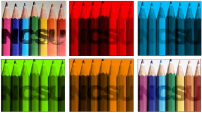This SIMPOL image shows spectral imaging of a scene containing objects with different colours, as well as the letters NCSU, which contain different polarisation states. Image credit: Ali Altaqui.