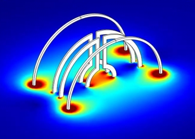 Two Lenz lenses are arranged in a Helmholtz coil pair. Simulation shows how the Lenz lenses focus magnetic flux. (Illustration: Nils Spengler/KIT)