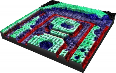 AFM topography combined with aluminium (green), oxygen (red) and titanium (blue) EDS maps using Relate software.