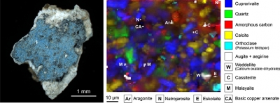 Photo and Raman microscopy image of a patch of the pictorial layer of the mural fragment from the church St Peter above Gratsch in South Tyrol (© Dariz/Schmid).