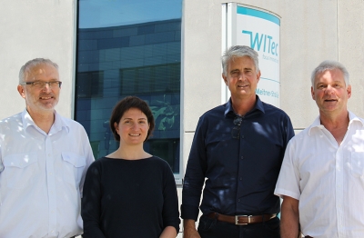 WITec’s representatives following the official announcement at WITec Headquarters in Ulm, Germany. From left to right: Joachim Koenen (Managing Director at WITec), Alexandra Lipes (HR Generalist at Oxford Instruments), Dirk Keune (Managing Director Germany and Director Sales EMEAI at Oxford Instruments) and Olaf Hollricher (Managing Director at WITec).